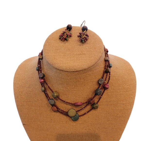BOHO Set Layered Wooden Necklace & Earrings, Retro Multicolor, Ethnic Tribal - Picture 1 of 9